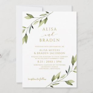 Wedding Fairytale Greenery Gold Watercolor Vines Invitation