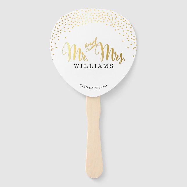 WEDDING FAN modern stylish gold confetti mr & mrs (Front)