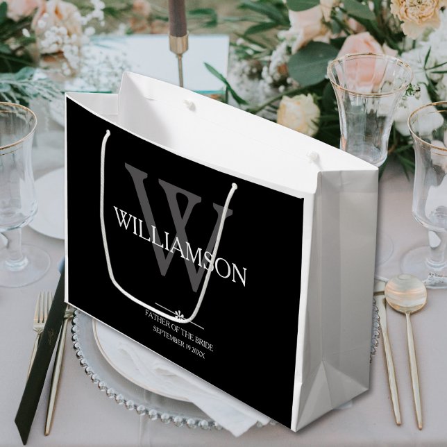 Wedding Father Of The Bride Gift Monogram Classy Large Gift Bag (Father Of The Bride Wedding Gift - Monogram and Date Classy Large Black, White and Gray Gift Bag.)