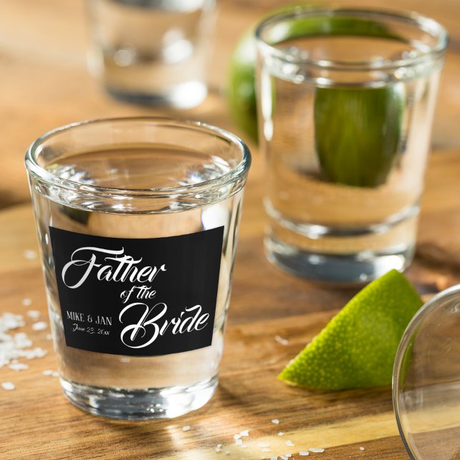 Wedding Father of the Bride White Script on Black Shot Glass (In Situ)