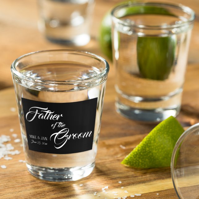 Wedding Father of the Groom White Script on Black Shot Glass (In Situ)