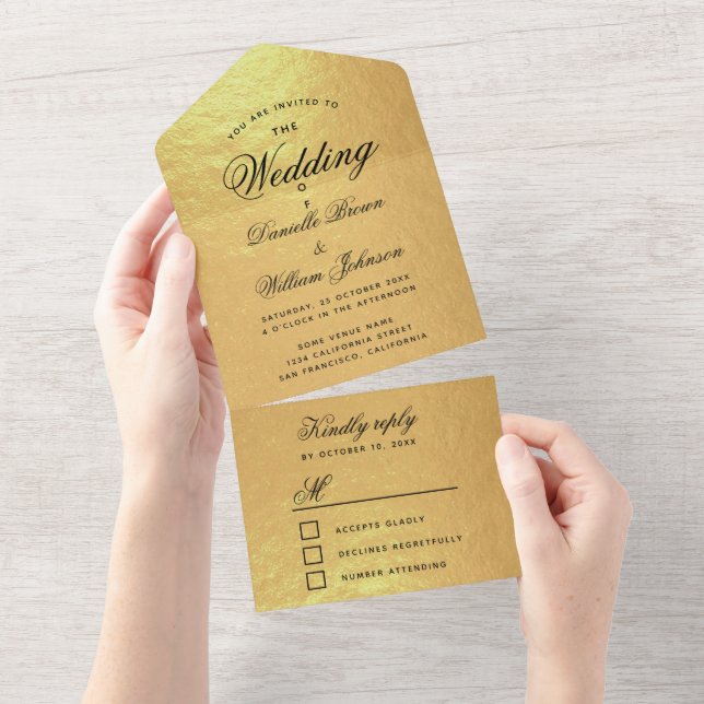 Wedding Faux Gold Foil Elegant Black Script RSVP All In One Invitation (Tearaway)