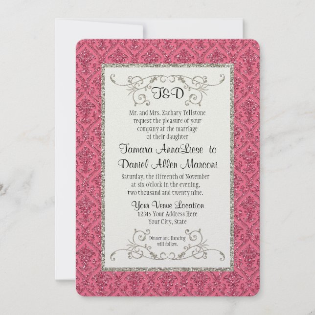 Wedding Faux Gold Glitter Damask Floral Pattern Invitation (Front)