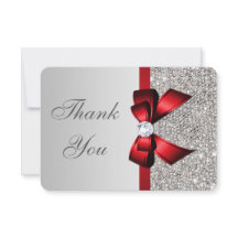 Wedding Faux Silver Sequins Red Bow Thank You