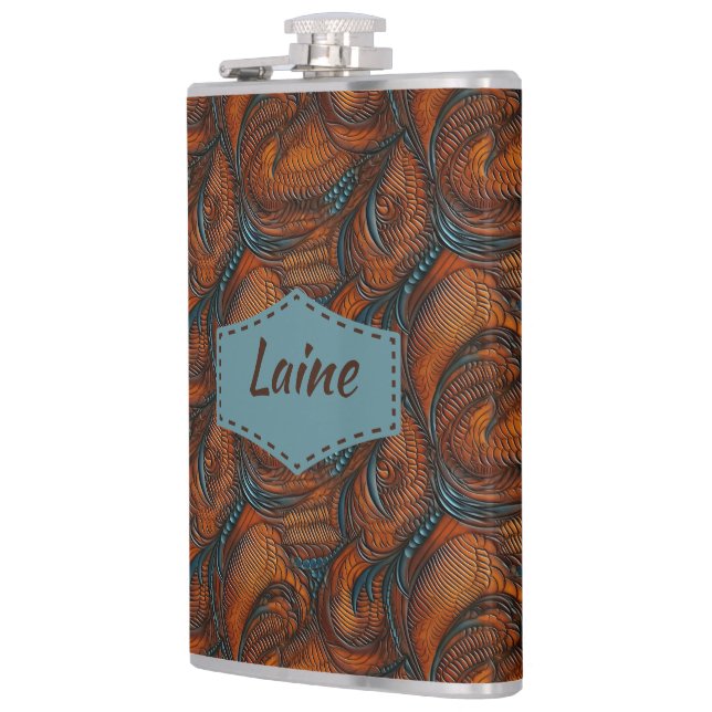 Wedding Faux Tooled Leather Look Hip Flask (Left)