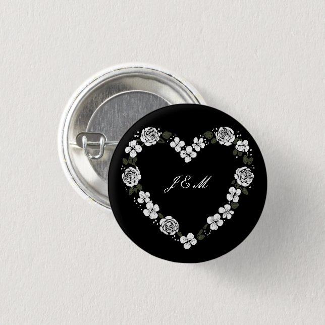 Wedding Favor Button - Black and White Heart (Front & Back)
