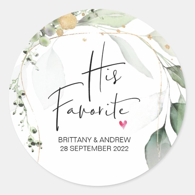 Wedding Favor His Favorite Treat Box Classic Round Sticker (Front)