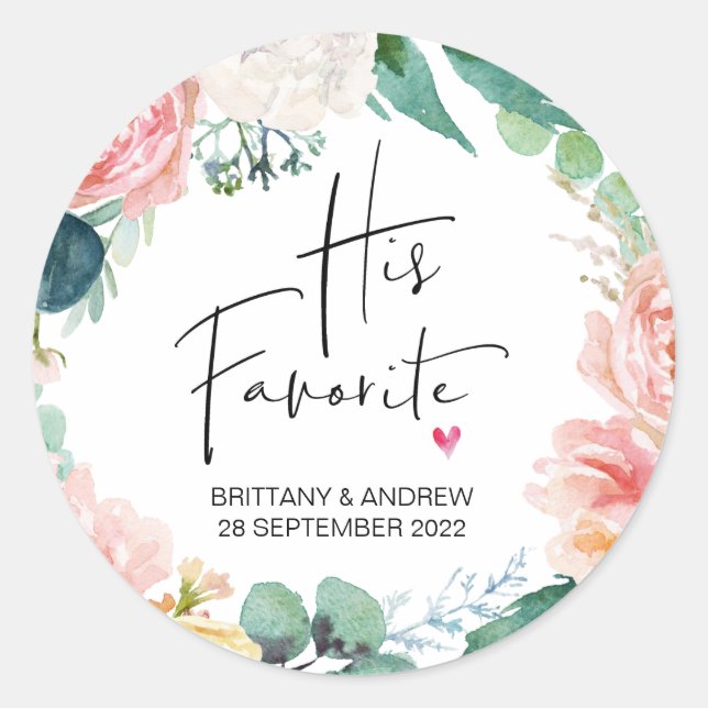 Wedding Favor His Favorite Treat Box Floral Classic Round Sticker (Front)
