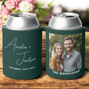 Wedding Favor Photo Forest Green Modern Can Cooler