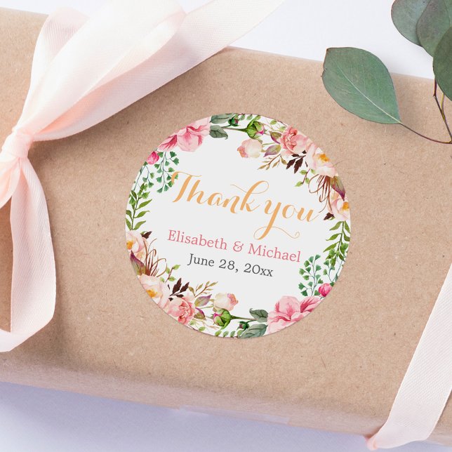 Wedding Favor Romantic Floral Decor Thank You Classic Round Sticker (Creator Uploaded)