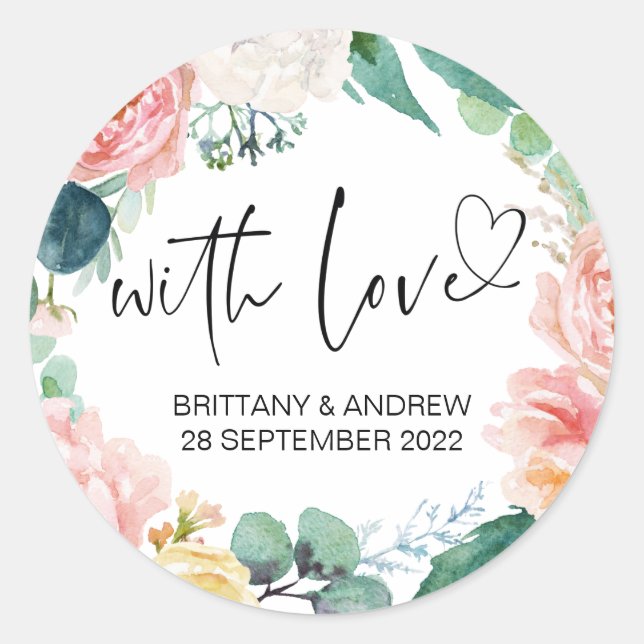 Wedding Favor Treat Bag Jam With Love pink floral Classic Round Sticker (Front)