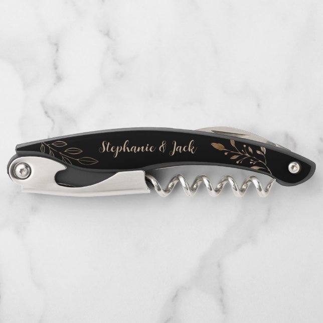Wedding Favour - Black & Gold Minimalist Corkscrew (Front)