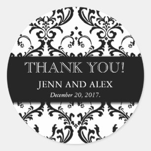 Wedding Favour Damask Thank You Stickers Black
