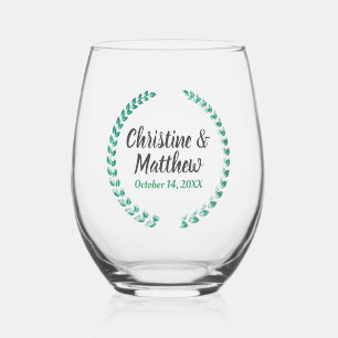 Wedding Favour Elegant Wreath Leaves Green Stemless Wine Glass