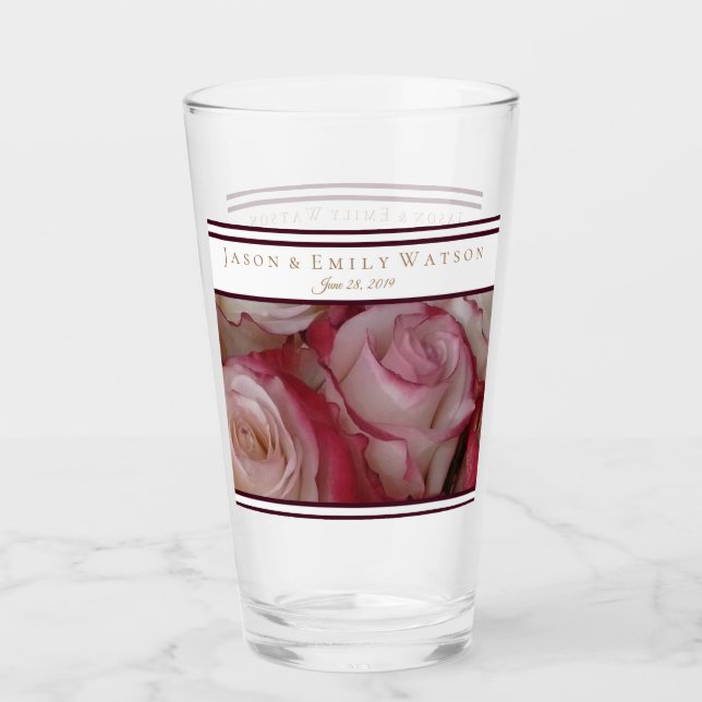 Wedding Favour Glass White-Pink-Roses Wine Accents (Front)