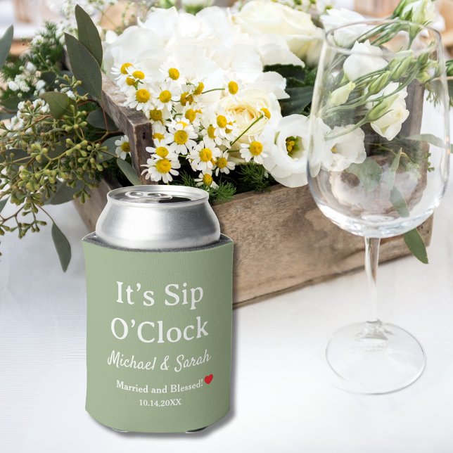Wedding Favour It’s Sip O’Clock Custom Sage Green  Can Cooler (Creator Uploaded)