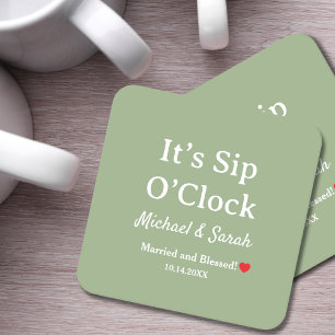 Wedding Favour It’s Sip O’Clock Custom Sage Green  Square Paper Coaster