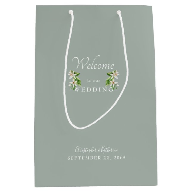 Wedding Favour Light Sage Names Floral Medium Gift Bag (Front)