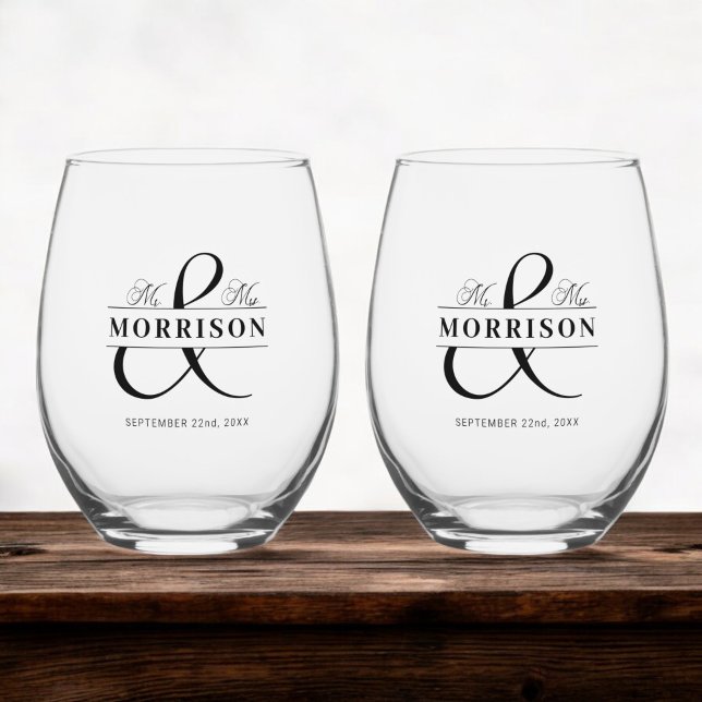 Wedding Favour Mr Mrs Black White Stemless Wine Glass (Creator Uploaded)