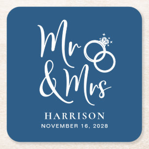 Wedding Favour Mr Mrs Blue Square Paper Coaster