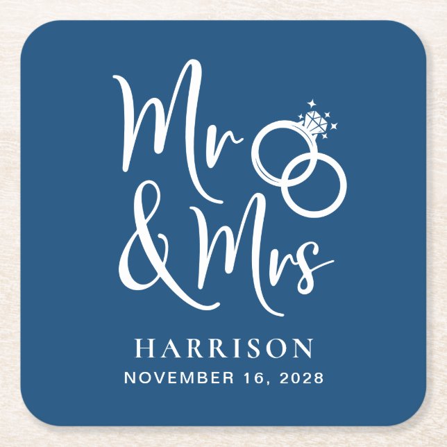 Wedding Favour Mr Mrs Blue Square Paper Coaster (Front)
