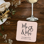 Wedding Favour Mr Mrs Blush Square Paper Coaster<br><div class="desc">Decorate your wedding reception tables and give your wedding guests a fun souvenir keepsake of your special day with these custom blush pink coasters with "Mr & Mrs" written in a large script and an illustration of two wedding rings joined together. Add your name and wedding date.</div>