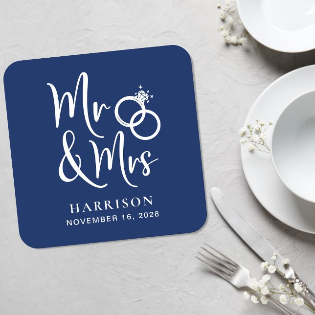 Wedding Favour Mr Mrs Navy Blue Square Paper Coaster (Creator Uploaded)