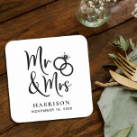 Wedding Favour Mr Mrs Square Paper Coaster<br><div class="desc">Decorate your wedding reception tables and give your wedding guests a fun souvenir keepsake of your special day with these custom coasters with  "Mr & Mrs" written in a large script and an illustration of two wedding rings joined together. Add your name and wedding date.</div>