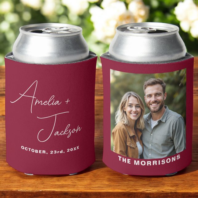 Wedding Favour Photo Burgundy Modern Can Cooler (Creator Uploaded)