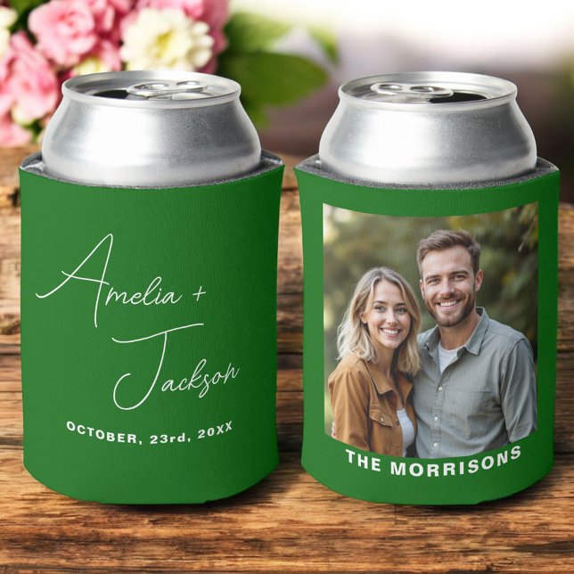 Wedding Favour Photo Emerald Green Modern Can Cooler (Creator Uploaded)