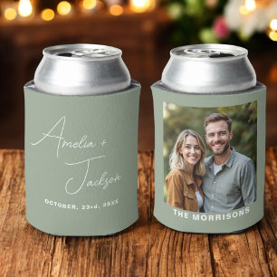 Wedding Favour Photo Sage Green Modern Minimalist Can Cooler