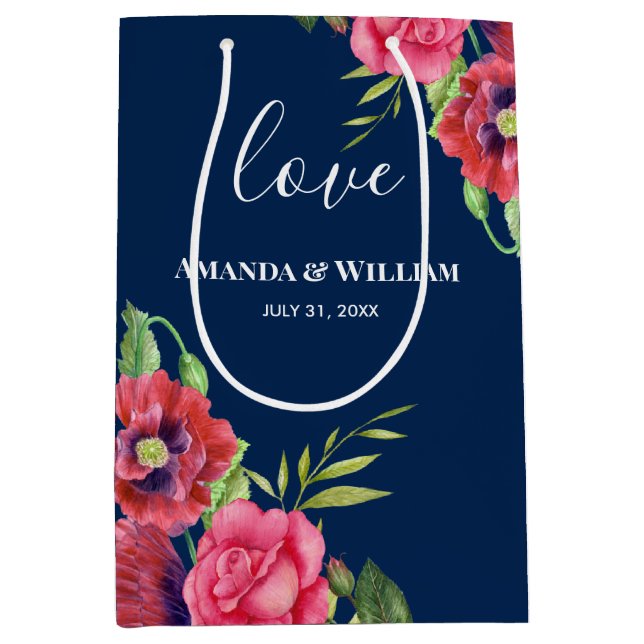 Wedding Favour Red and Pink Flowers Dark Navy Medium Gift Bag (Front)