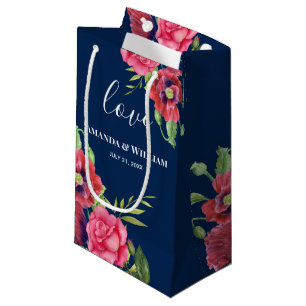 Wedding Favour Red and Pink Flowers Dark Navy Small Gift Bag