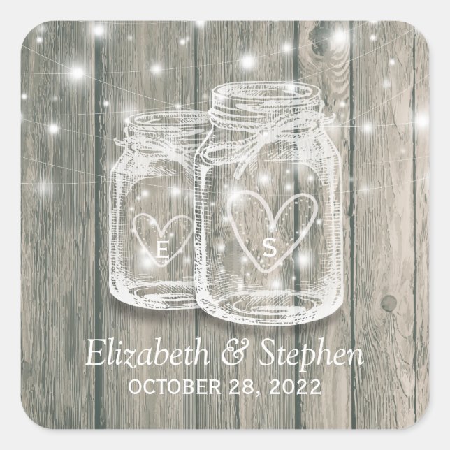 Wedding Favour Rustic Wood Mason Jars String Light Square Sticker (Front)