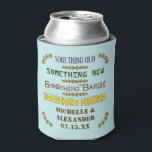 Wedding Favour Something Brewed Personalised Beer  Can Cooler<br><div class="desc">These pretty, custom wedding foam can coolers have a rustic, vintage look in shades of brown, blue, green and golden with a light blue background. The text reads, "Something Old / Something New / Something Barley / Something Brewed." Below that, the bride and groom can add their names and their...</div>