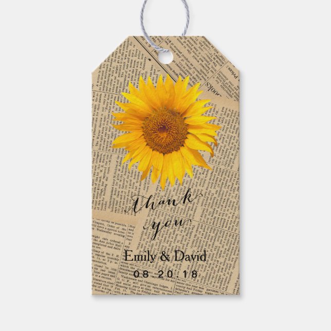 Wedding Favour Tag | Vintage Newspaper Sunflower (Front)