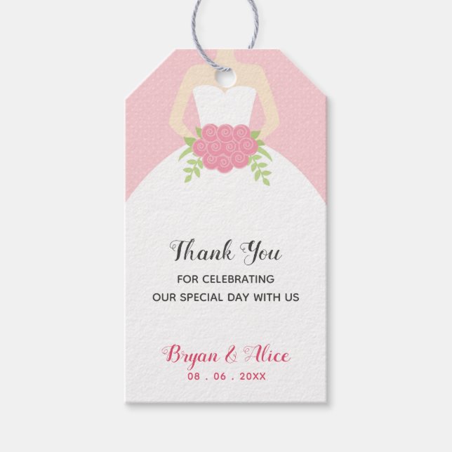 Wedding Favour Tags (Bridal Gown Pink Polka Dot) (Front)