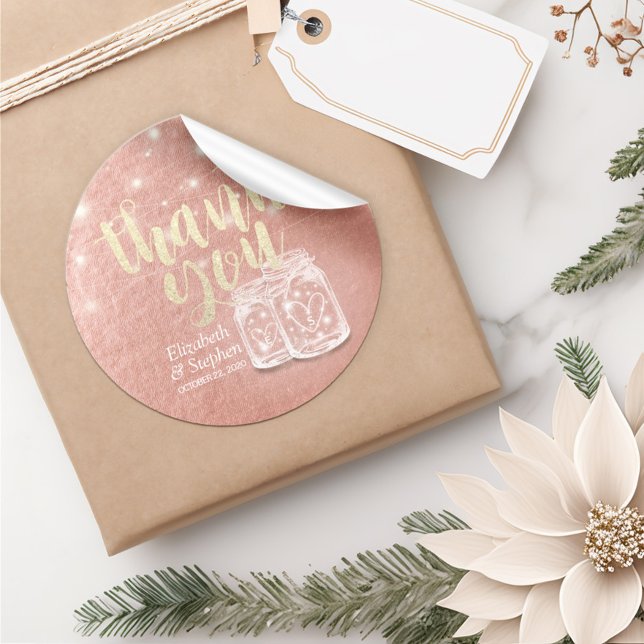 Wedding Favour Thank You Couple Mason Jar Rose Gol Classic Round Sticker (Creator Uploaded)