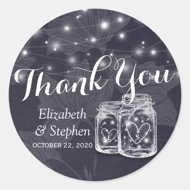 Wedding Favour Thank You Mason Jars & String Light Classic Round Sticker (Front)