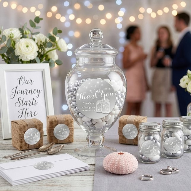 Wedding Favour Thank You Mason Jars & String Light Classic Round Sticker (Creator Uploaded)