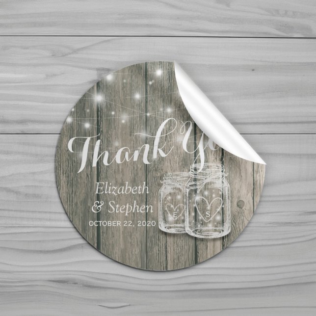 Wedding Favour Thank You Rustic Wood Mason Jar Lam Classic Round Sticker (Creator Uploaded)