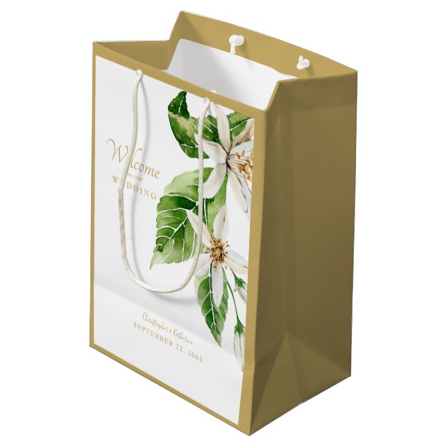 Wedding Favour Welcome  Names White Floral  Medium Gift Bag (Back Angled)