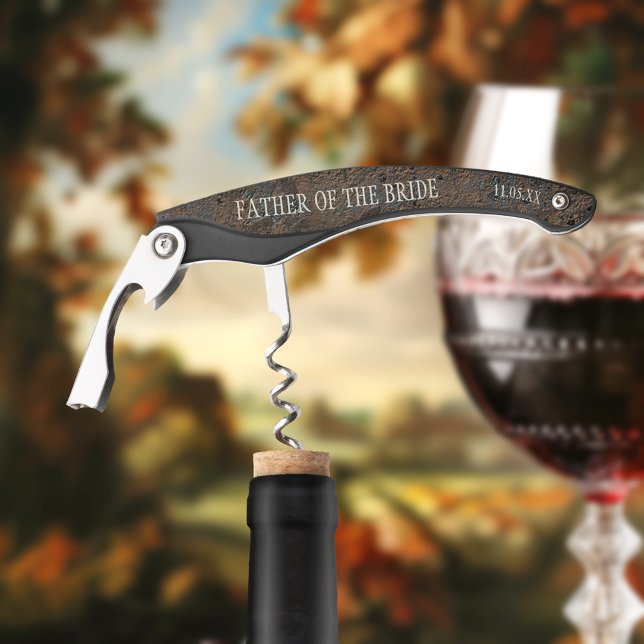 Wedding Favour Wine Corkscrew Bottle Opener (Wine corkscrew bottle opener featuring a grunge metallic design - father of the bride - wedding)