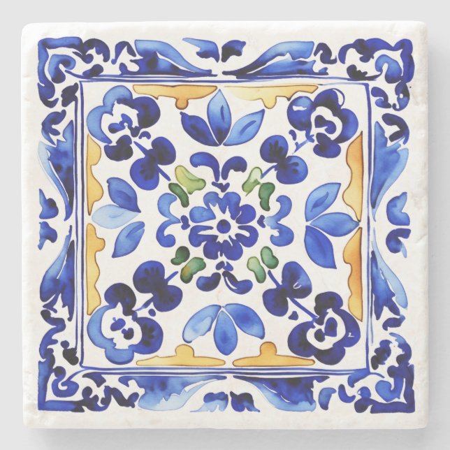 Wedding favours Amalfi Vietri Italian blue tiles Stone Coaster (Front)
