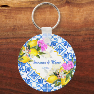 Wedding Favours Blue tiles lemon Bougainvillea Key Ring