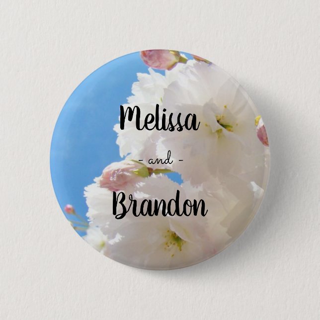 Wedding Favours Buttons Bride Grooms Name Blossoms (Front)