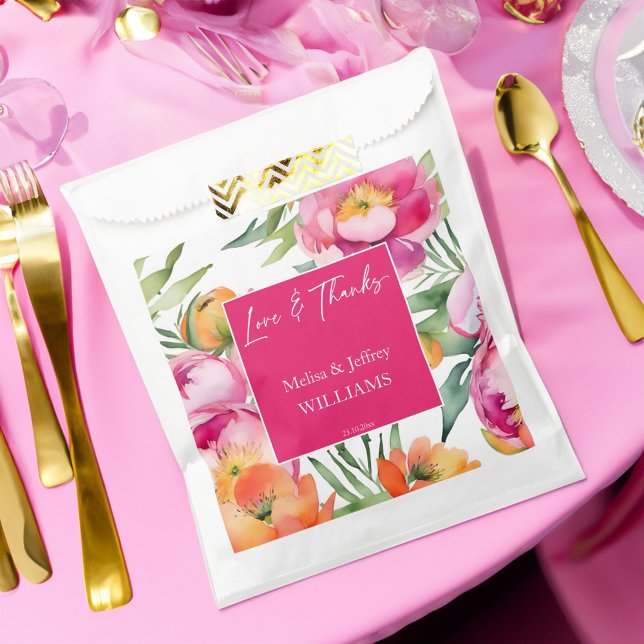 Wedding favours pink orange flowers favour bags (Wedding favors pink and orange flowers personalized favor bag  elegant floral favor bag)