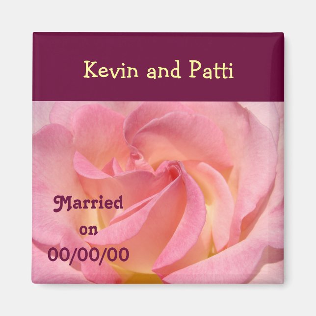 Wedding Favours Pink Rose Married on Date custom Magnet (Front)