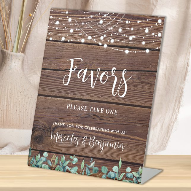 Wedding Favours Rustic Wood Greenery String Lights Pedestal Sign (Creator Uploaded)