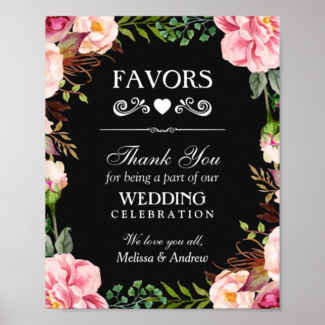 Wedding Favours Thank You Sign | Pink Floral (Front)